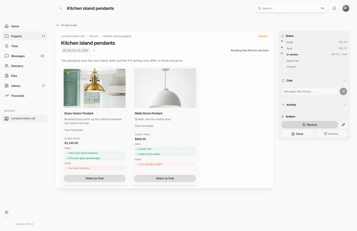 Approval details for Kitchen island pendants, with the Actions panel offering Resend, Close and Archive below the status timeline and chat.