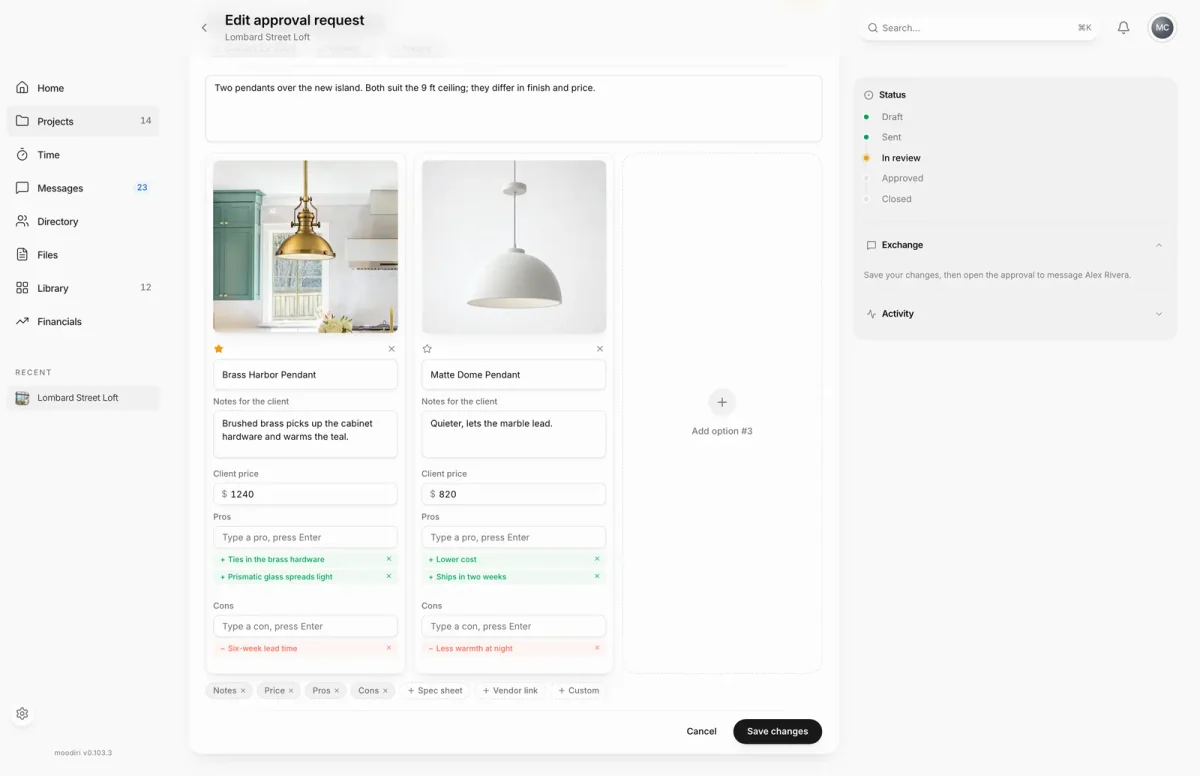 Edit approval request page with two pendant options, Brass Harbor Pendant and Matte Dome Pendant, each with client notes, price, pros and cons, and Save changes.