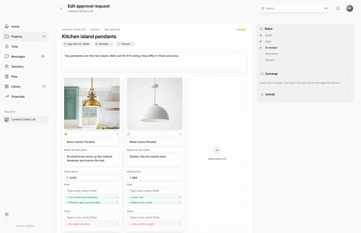 Edit approval request for Kitchen island pendants, with option cards for two pendants showing client notes, prices, pros and cons, and a status panel set to In review.