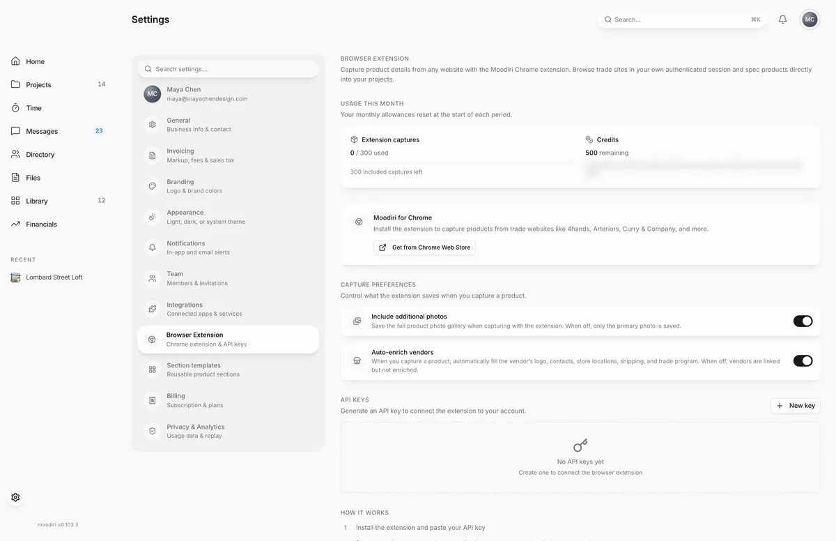 Browser Extension settings with a Get from Chrome Web Store button, capture preferences for additional photos and vendor details, and an empty API keys list with a New key button.