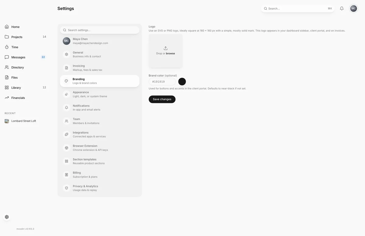 Branding settings with a logo upload area and an optional brand color field used for buttons and accents in the client portal, plus a Save changes button.