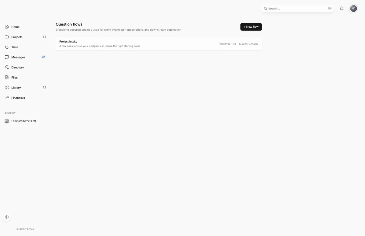 Question flows page listing the published Project intake flow, version 2, with a New flow button at the top right.