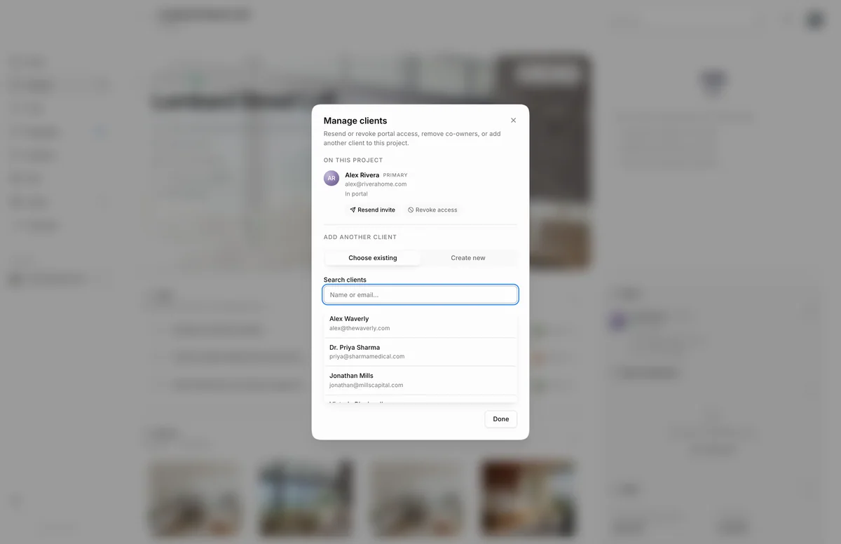 Manage clients dialog with Alex Rivera listed as primary client, In portal, with a Resend invite button, and options to choose an existing client or create a new one.