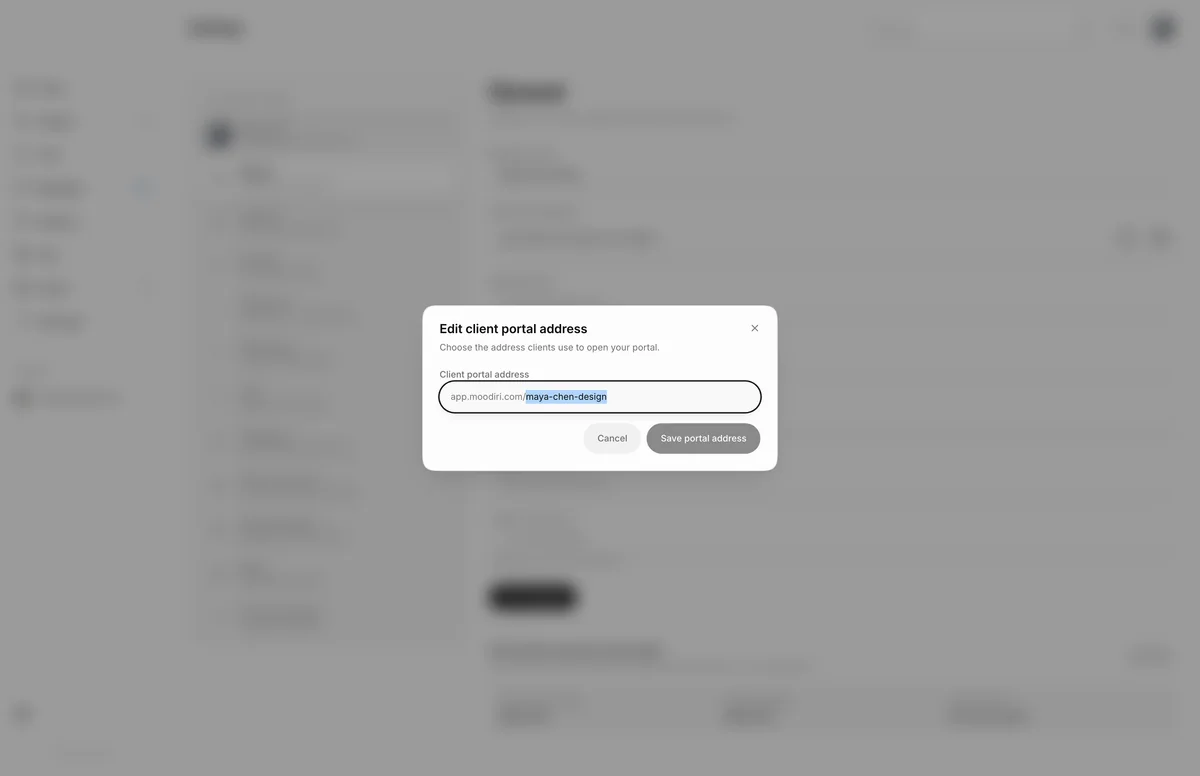 Edit client portal address dialog with the portal address field selected for editing, and Cancel and Save portal address buttons.