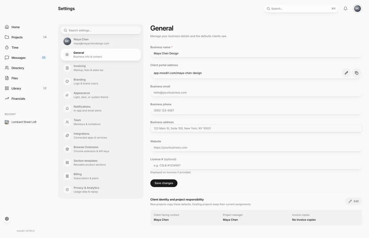 General settings for Maya Chen Design, with the client portal address field and its edit and copy buttons below the business name.