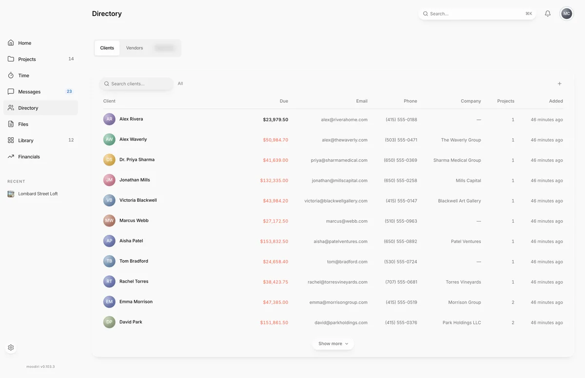 Directory Clients table with a Search clients box and an add button at the top right, above rows of clients with amount due, email, phone and company.