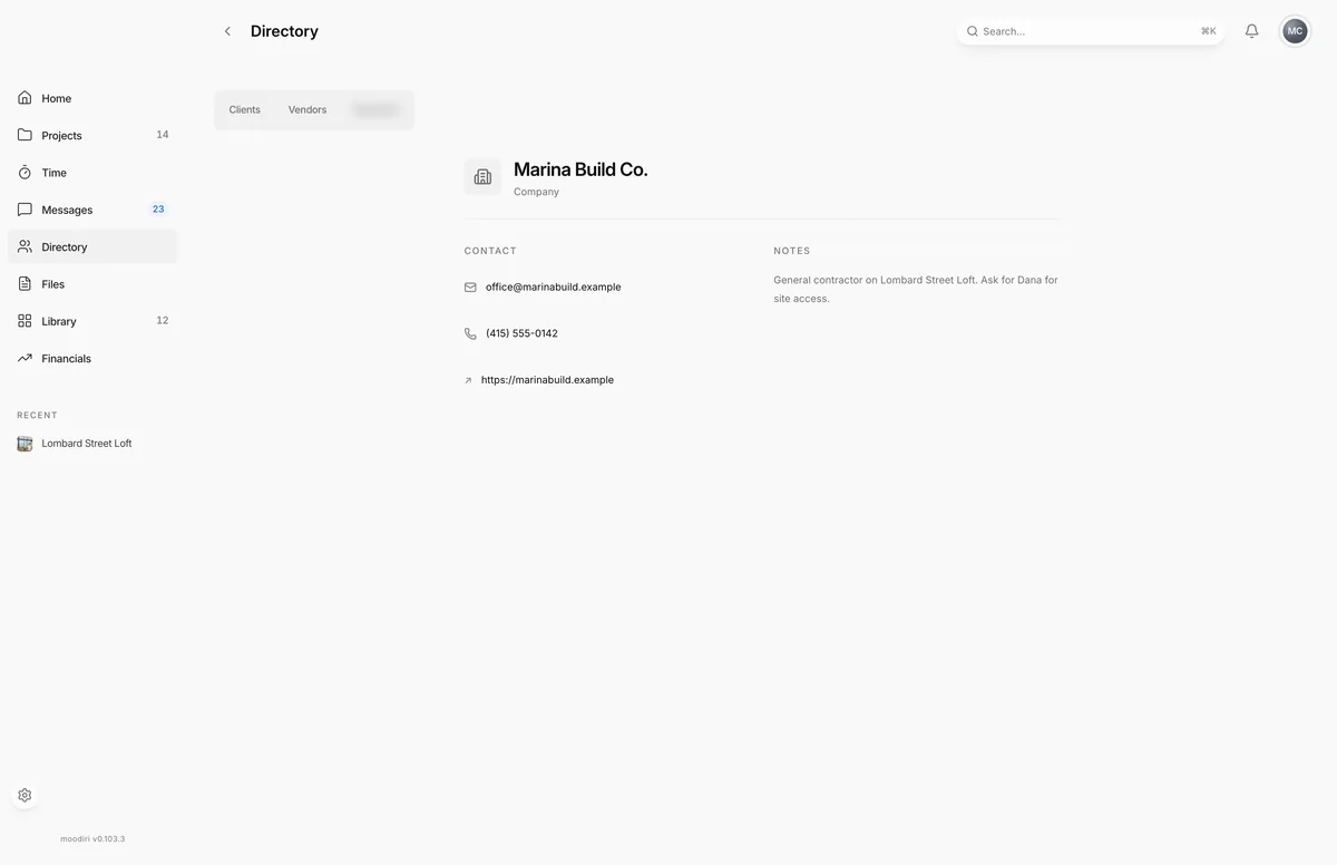 Directory company page for Marina Build Co., with contact email, phone and website, and a note that it is the general contractor on Lombard Street Loft.