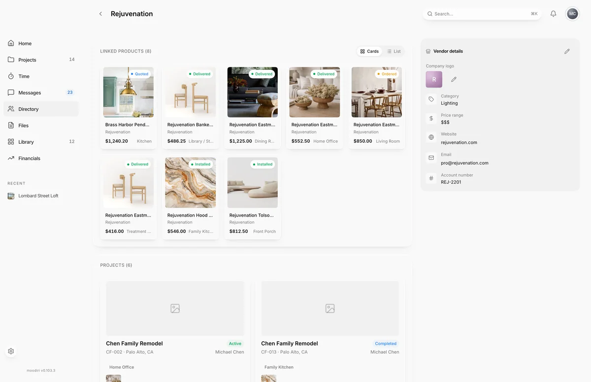 Vendor page for Rejuvenation, with an edit button on the Vendor details panel listing category Lighting, website, email and account number, beside its linked products.