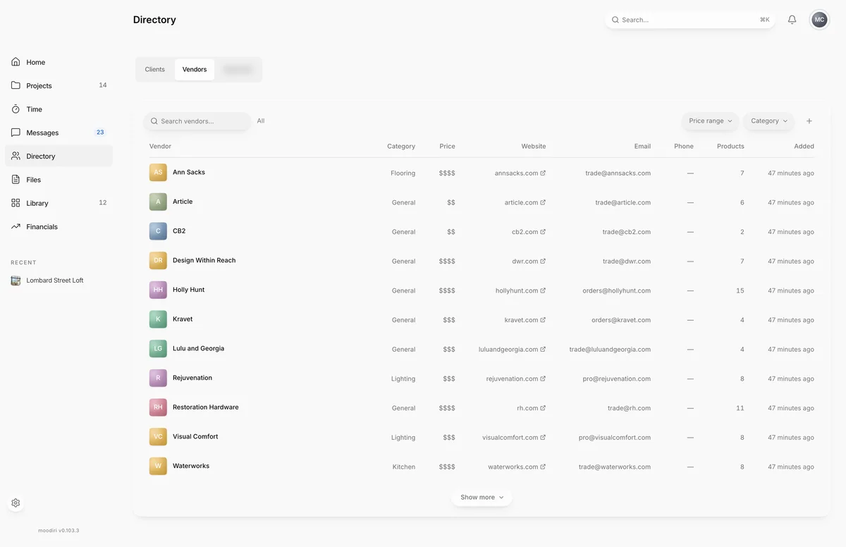 Vendors list in the Directory, with price range and category filters and rows such as Ann Sacks, Article and Design Within Reach showing category, website, email and product count.