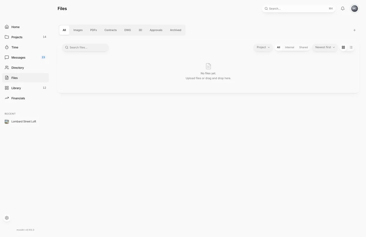Files page with a Search files box, Project filter, All, Internal and Shared toggle, Newest first sort, and grid and list view buttons.