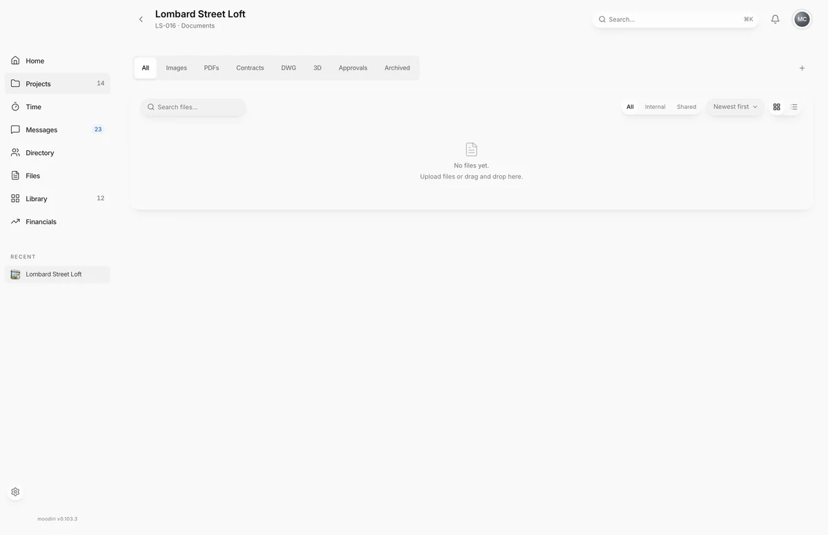 Project documents for Lombard Street Loft, with file type tabs, search, sharing filter and sort controls above an empty state inviting uploads.