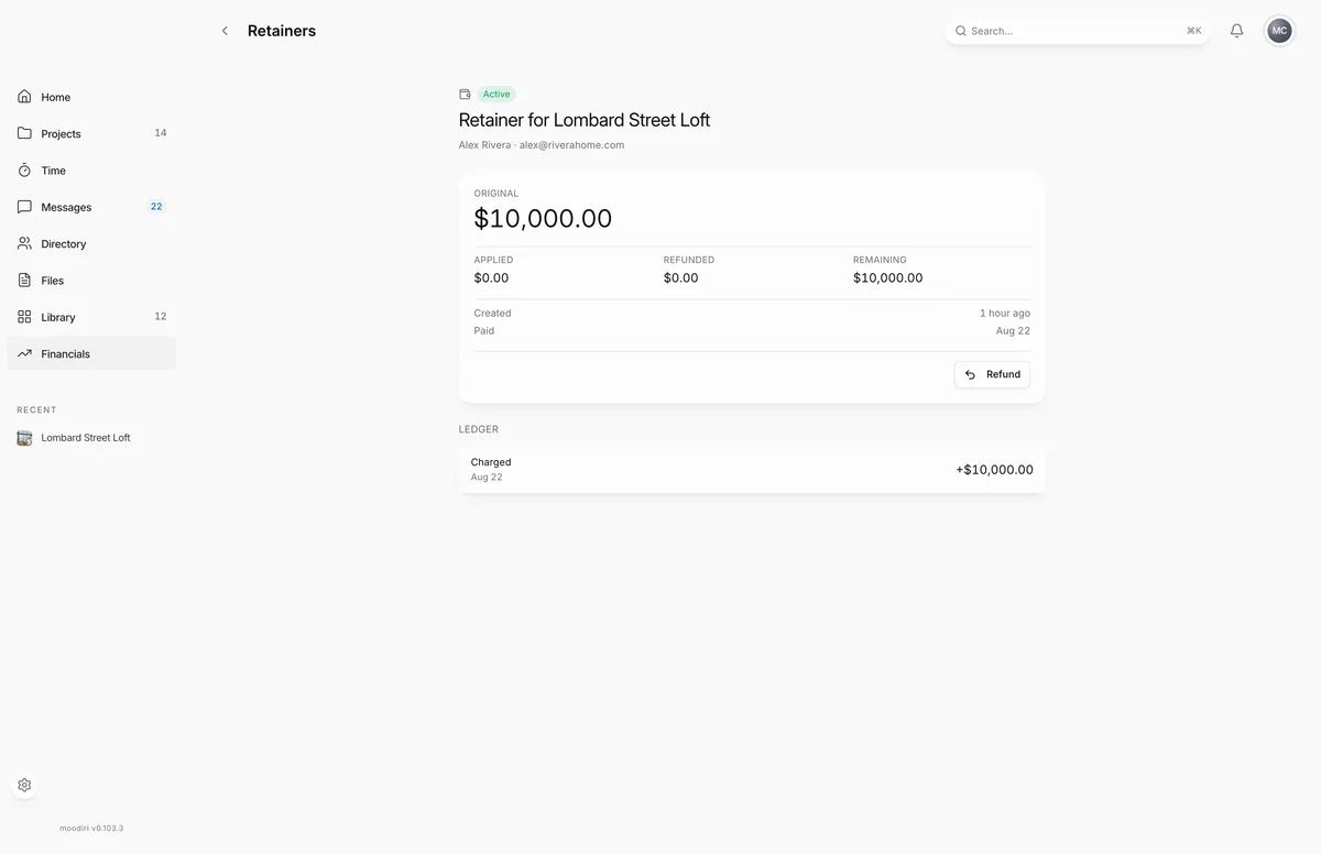 Active retainer for Lombard Street Loft with $10,000.00 remaining and nothing applied or refunded yet, with the Refund button above the ledger.