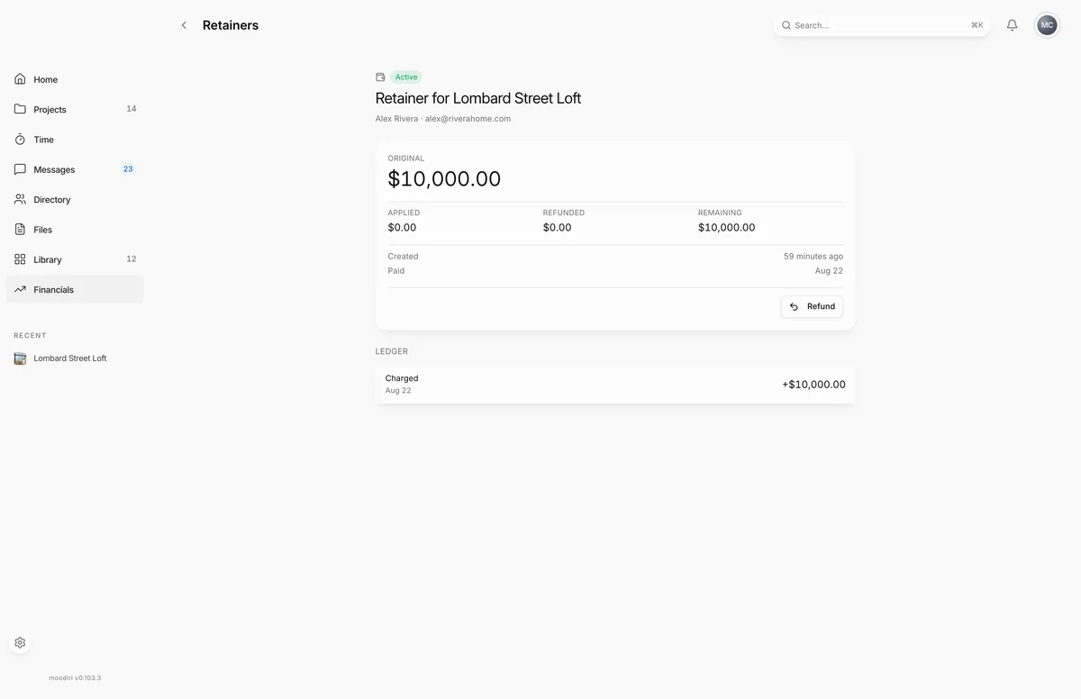 Retainer for Lombard Street Loft, marked Active, with $10,000.00 original, $0.00 applied and refunded, $10,000.00 remaining, a Refund button and the ledger.