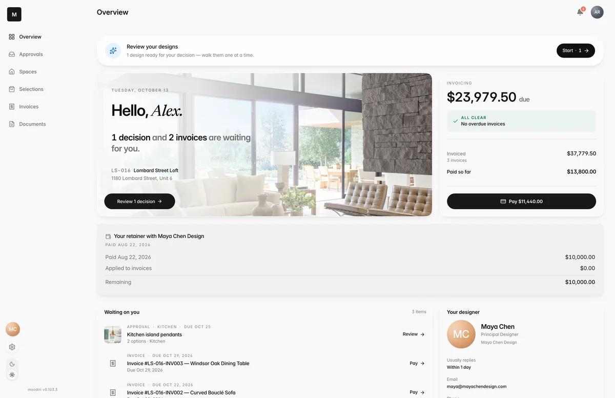 Client portal Overview with the Review your designs banner at top, showing 1 design ready for a decision and a Start button to walk through them.