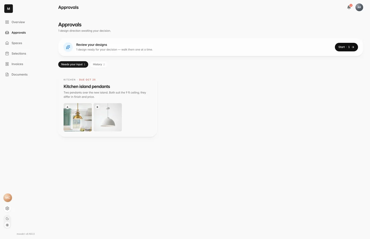 Client portal Approvals page with one design awaiting a decision, Kitchen island pendants with a due date, showing pendant options A and B.