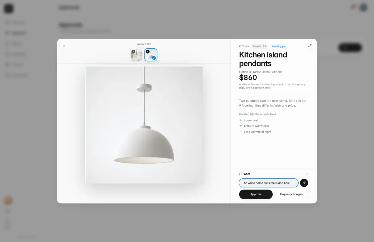 Client portal approval for Kitchen island pendants showing option 2 of 2, the Matte Dome Pendant, with a chat message and Approve or Request changes.