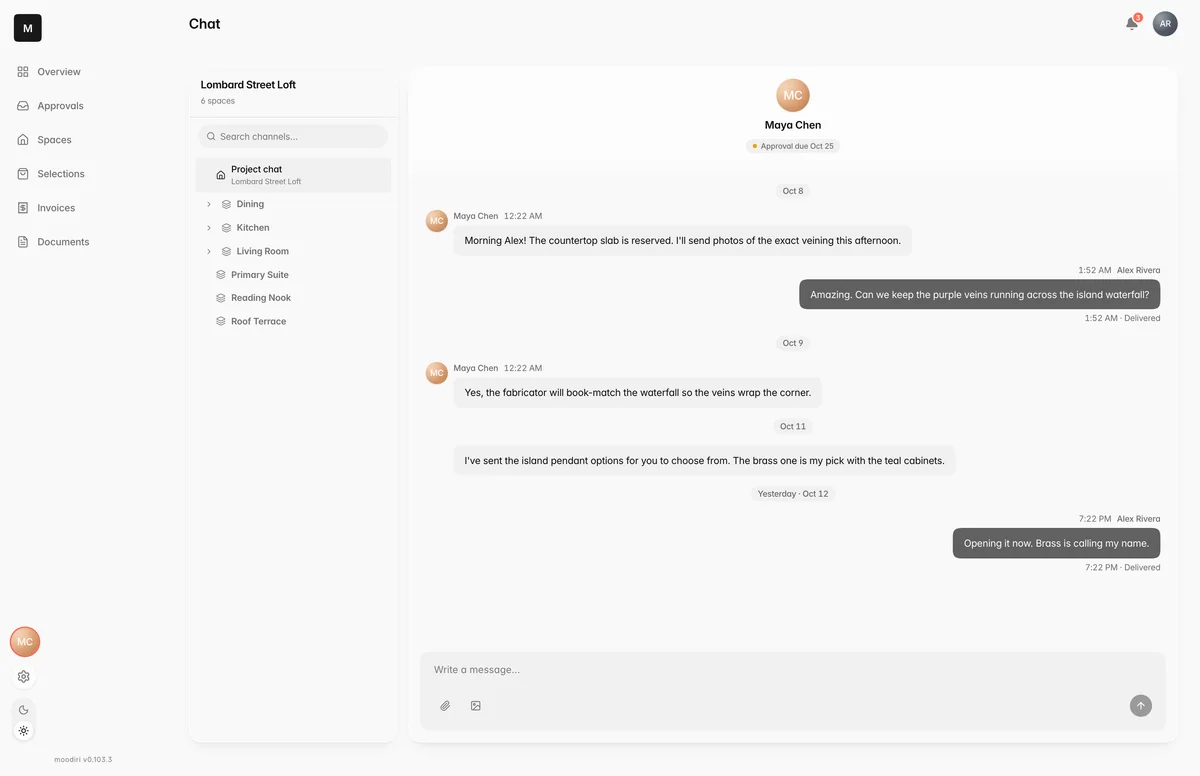 Client portal Chat for Lombard Street Loft, with project and space channels on the left and a conversation between Maya Chen and Alex Rivera above the message box.