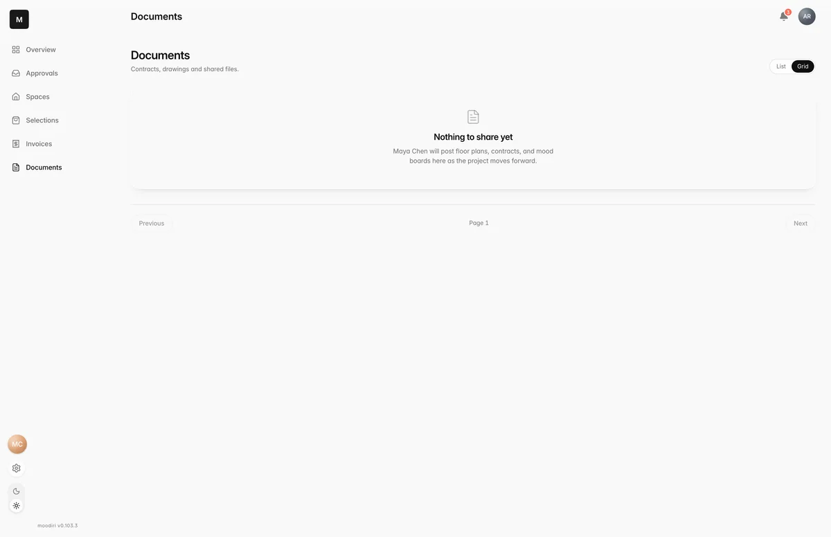 Client portal Documents page with List and Grid views and an empty state saying Maya Chen will post floor plans, contracts and mood boards here.