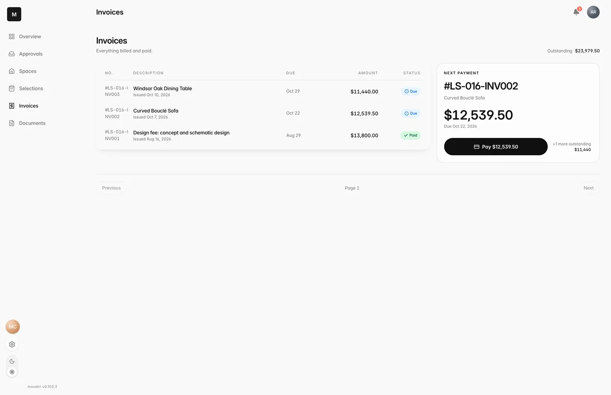 Client portal Invoices list with three invoices, two Due and one Paid, and a Next payment card for the Curved Bouclé Sofa with a Pay $12,539.50 button.