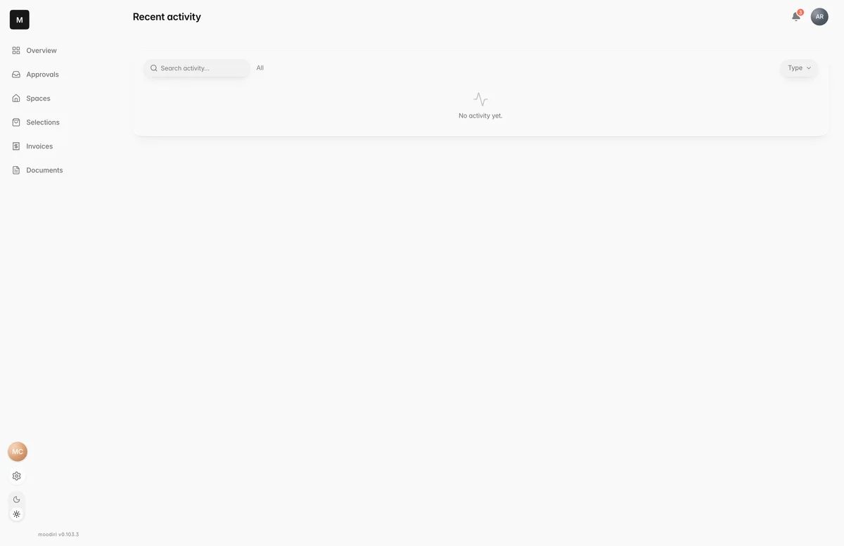 Client portal Recent activity page with a search field and Type filter, showing the empty state No activity yet.