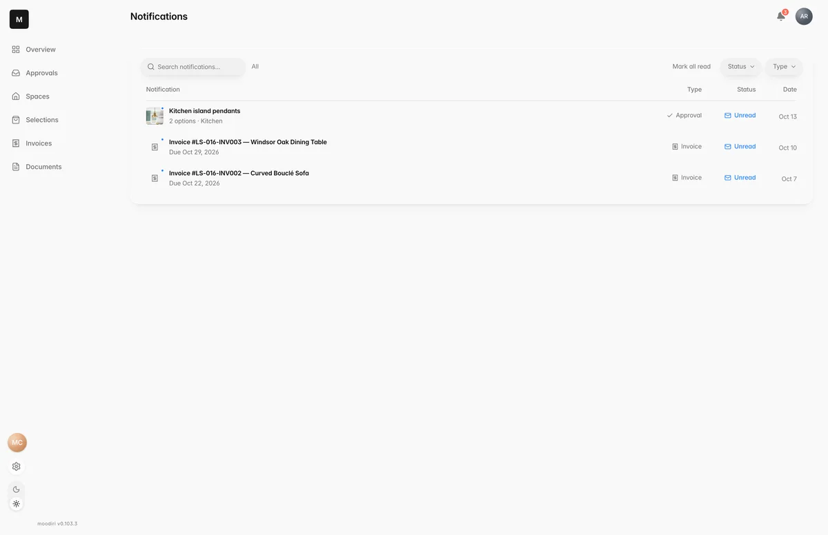 Client portal Notifications list with search, Status and Type filters and Mark all read, showing an unread approval for Kitchen island pendants and two unread invoices.