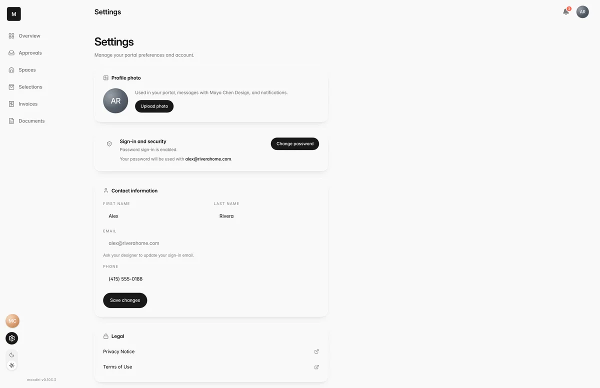 Client portal Settings for Alex Rivera, with profile photo upload, Sign-in and security with Change password, contact information fields and Legal links.