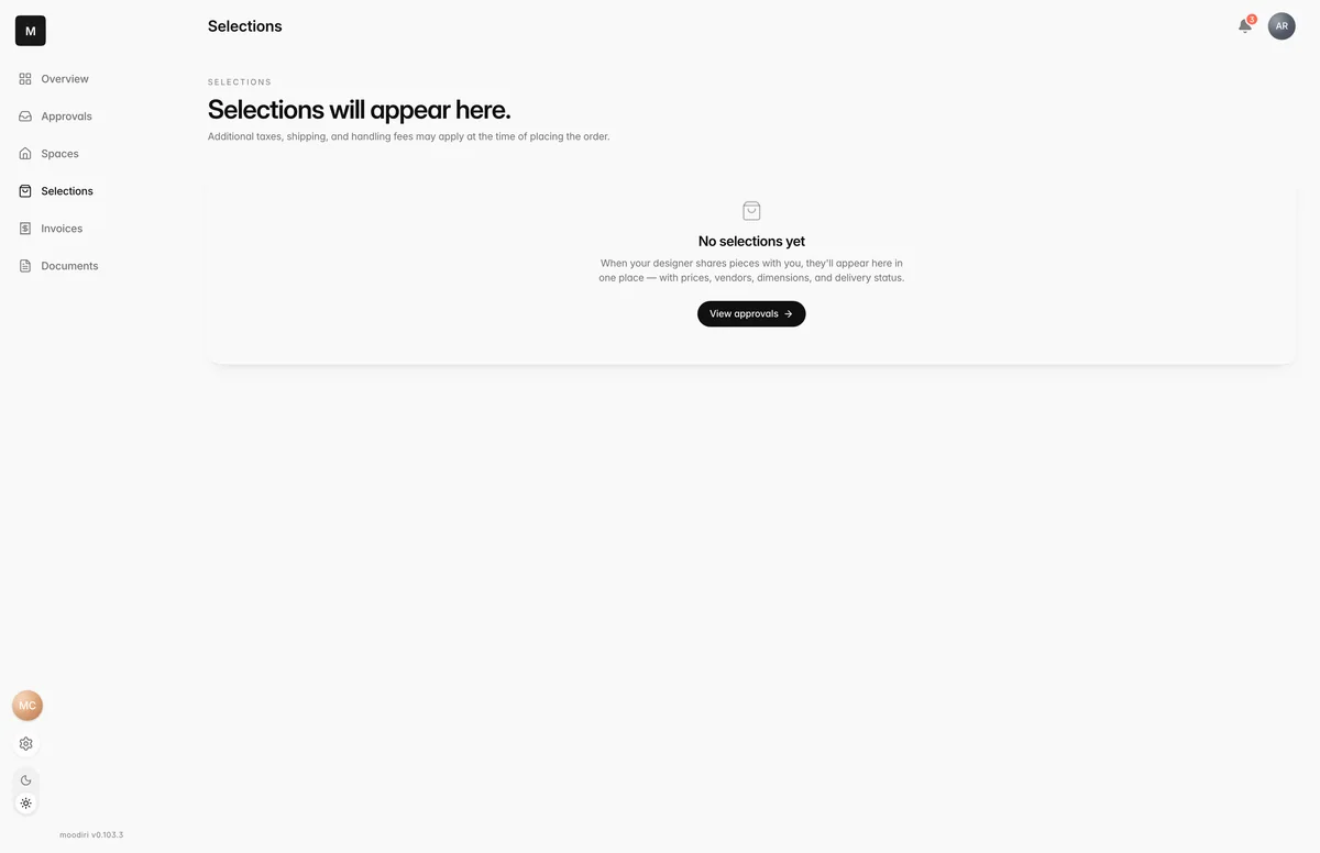 Client portal Selections page in its empty state, No selections yet, explaining that shared pieces will appear here, with a View approvals button.