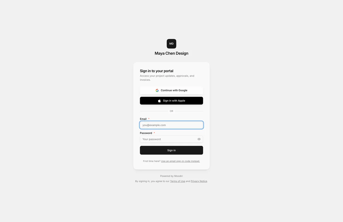 Client portal sign-in for Maya Chen Design, with Continue with Google and Sign in with Apple buttons above email and password fields and a Sign in button.