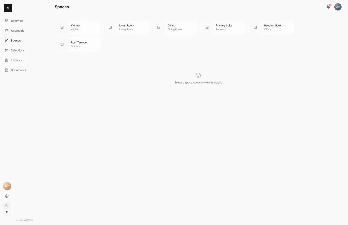 Client portal Spaces page listing Kitchen, Living Room, Dining, Primary Suite, Reading Nook and Roof Terrace, with a prompt to select a space to view its details.