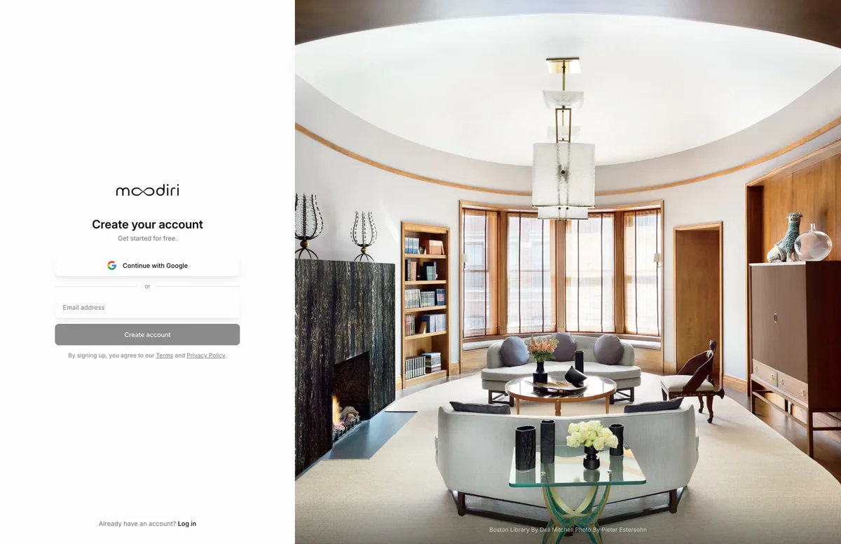 Create your account screen with a Continue with Google button, an email address field and the Create account button, beside a photo of a wood-paneled entryway.
