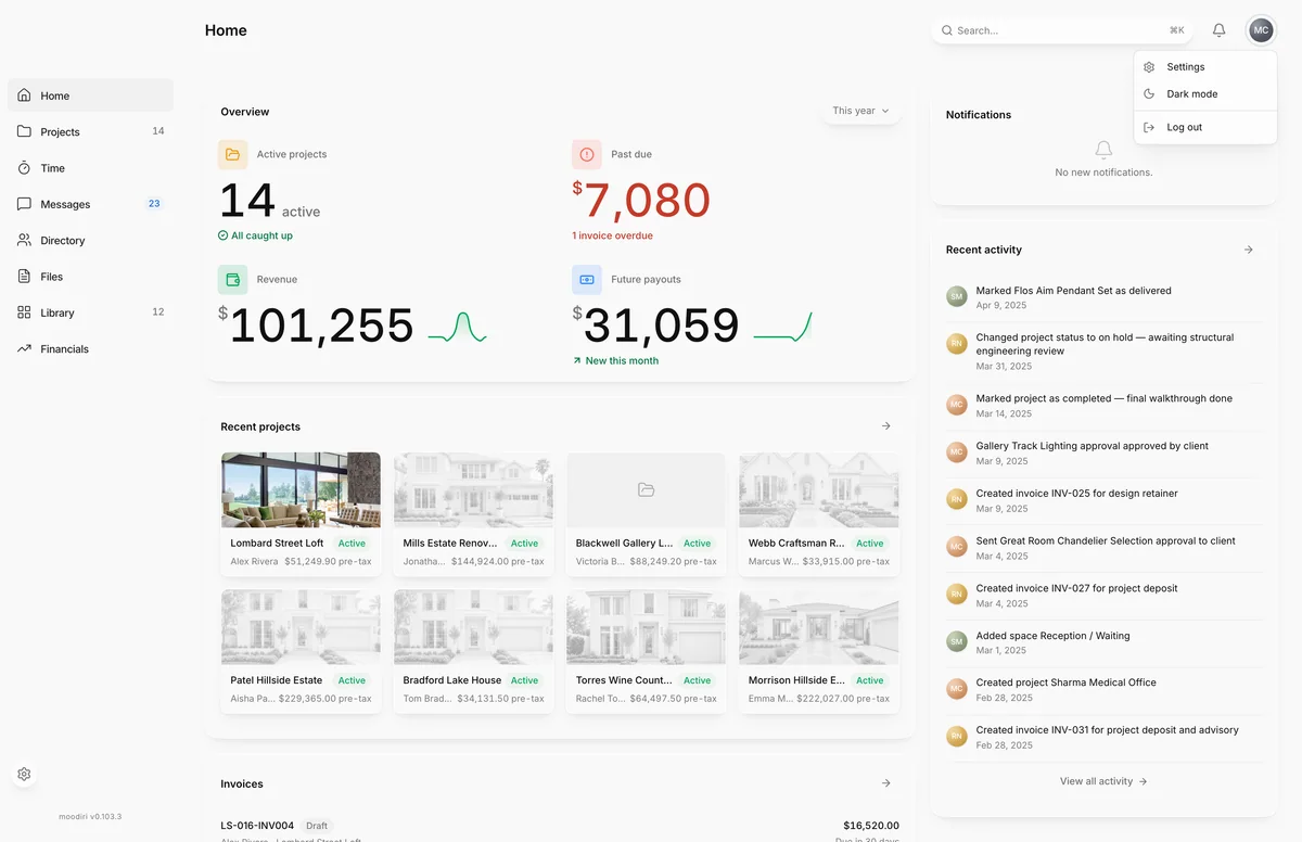 Home dashboard with the account menu open at top right, showing Settings, Dark mode and Log out, over the overview totals, recent projects and recent activity.