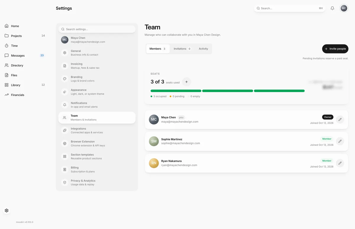 Team settings for Maya Chen Design, showing 3 of 3 seats used and members Maya Chen as Owner, Sophie Martinez and Ryan Nakamura as Members, with an Invite people button.