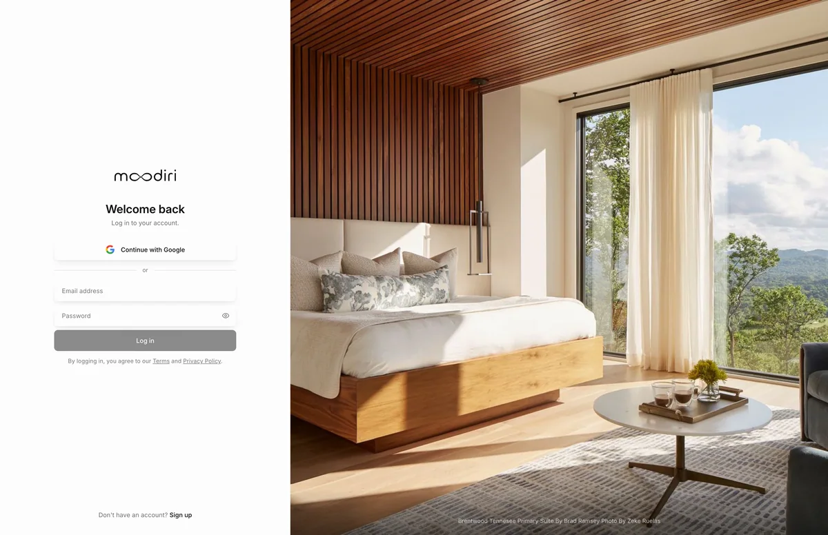 Welcome back sign-in screen with Continue with Google, email address and password fields and the Log in button, beside a photo of a sunlit bedroom.