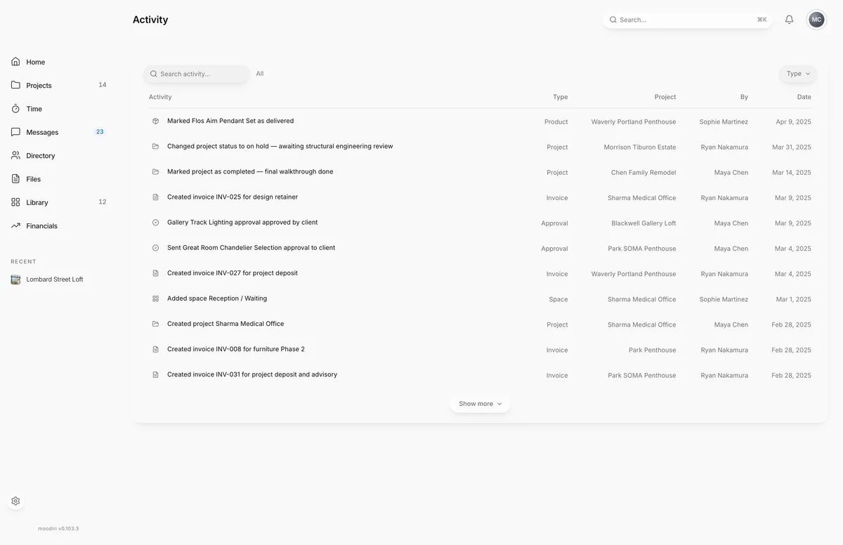 Activity log listing recent actions with type, project, person and date, such as Gallery Track Lighting approval approved by client, with a Search activity box and Type filter.