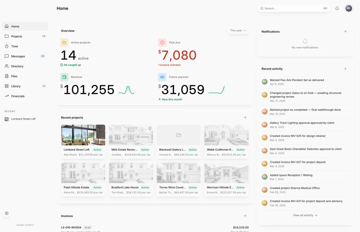 Home dashboard with the Overview card (14 active projects, $7,080 past due, $101,255 revenue), Recent projects such as Lombard Street Loft, and a Recent activity feed.