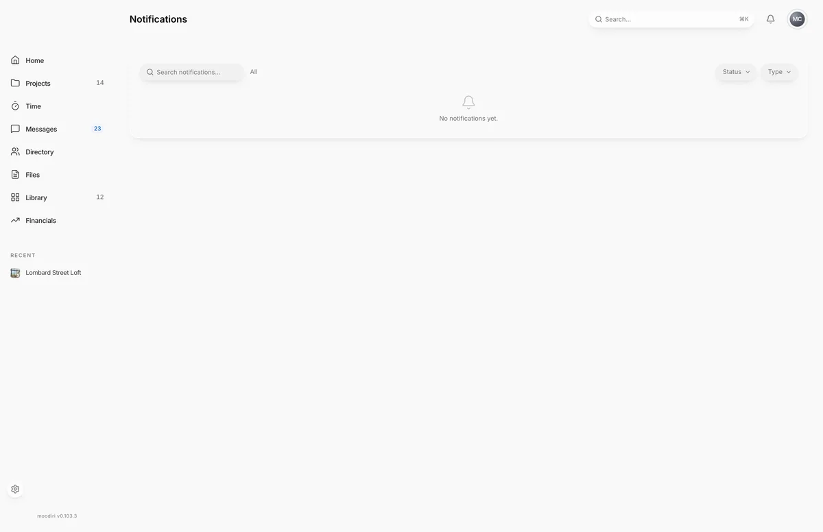 Notifications page with a Search notifications box, Status and Type filters, and an empty state reading No notifications yet.