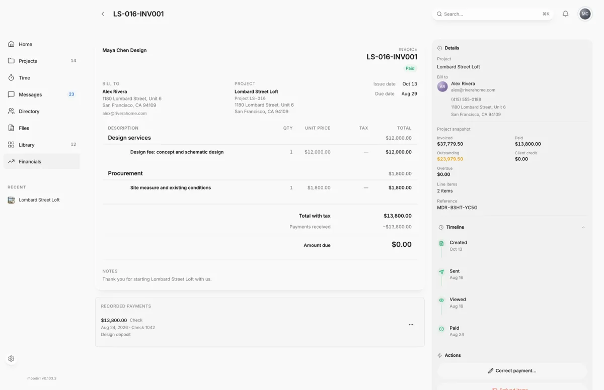 Paid invoice LS-016-INV001 with its recorded $13,800.00 check payment, the timeline from created to paid, and Correct payment… under Actions.