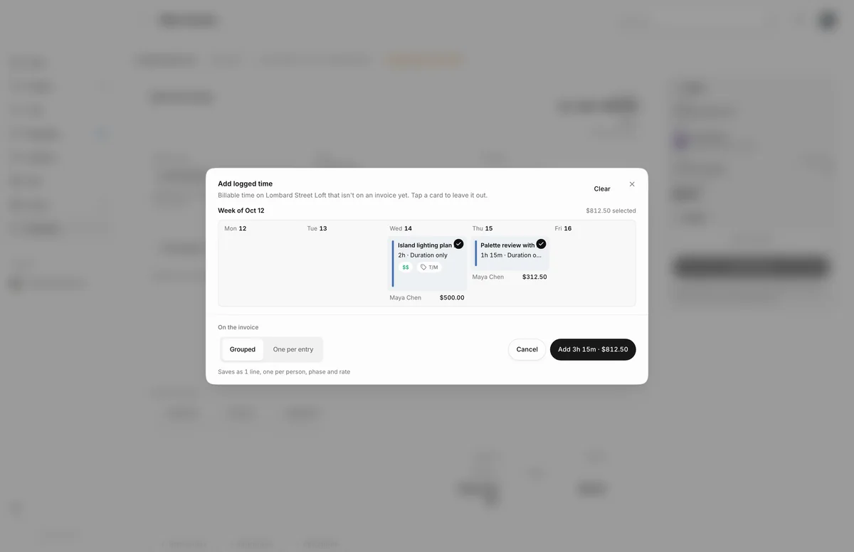 Add logged time dialog for Lombard Street Loft, showing one week with two selected time entries and an Add 3h 15m, $812.50 button.