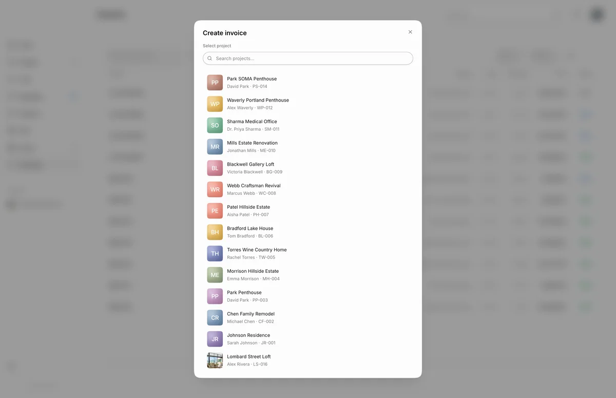 Create invoice window with a project search and a list of projects to choose from, such as Park SOMA Penthouse, Mills Estate Renovation and Lombard Street Loft.