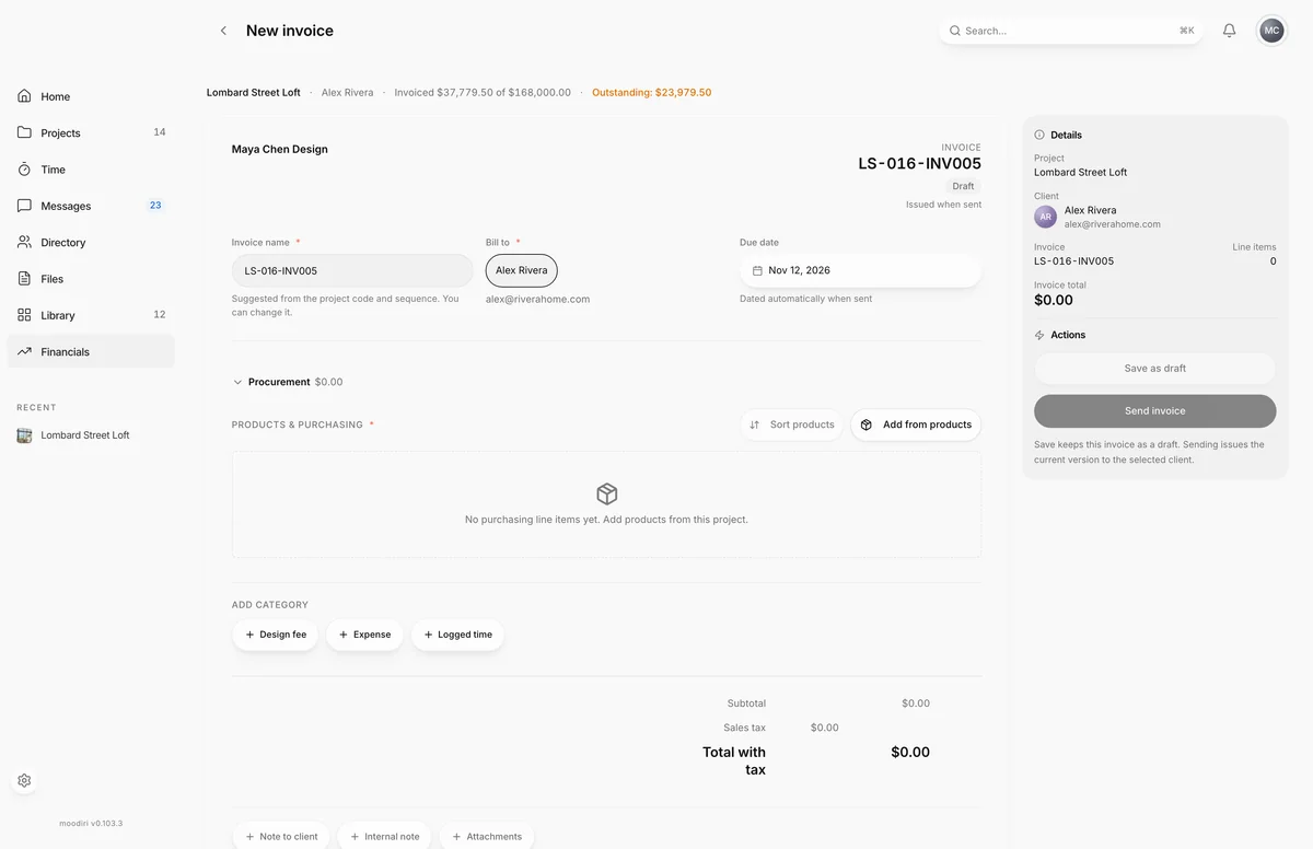 New invoice LS-016-INV005 for Lombard Street Loft billed to Alex Rivera, with a due date, empty product lines, a $0.00 total, and Save as draft and Send invoice buttons.