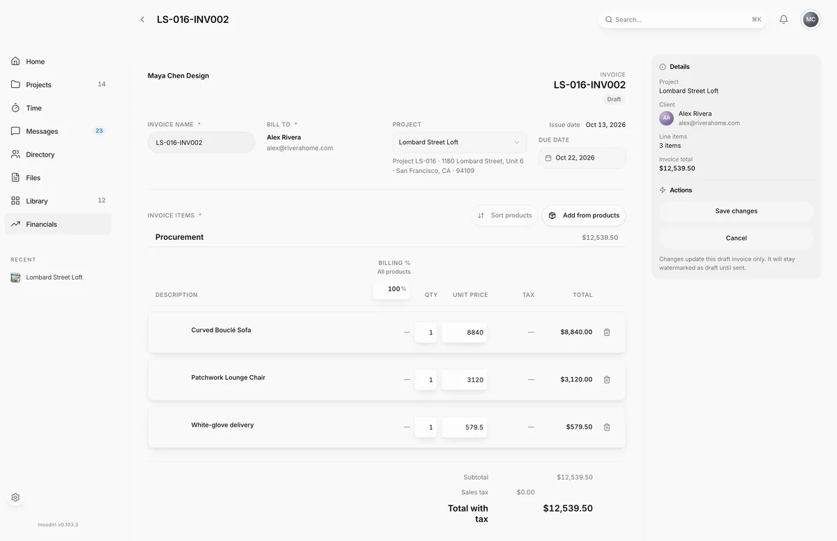 Draft invoice in edit mode, with editable invoice name, due date, quantity and unit price fields, an Add from products button, and Save changes and Cancel actions.