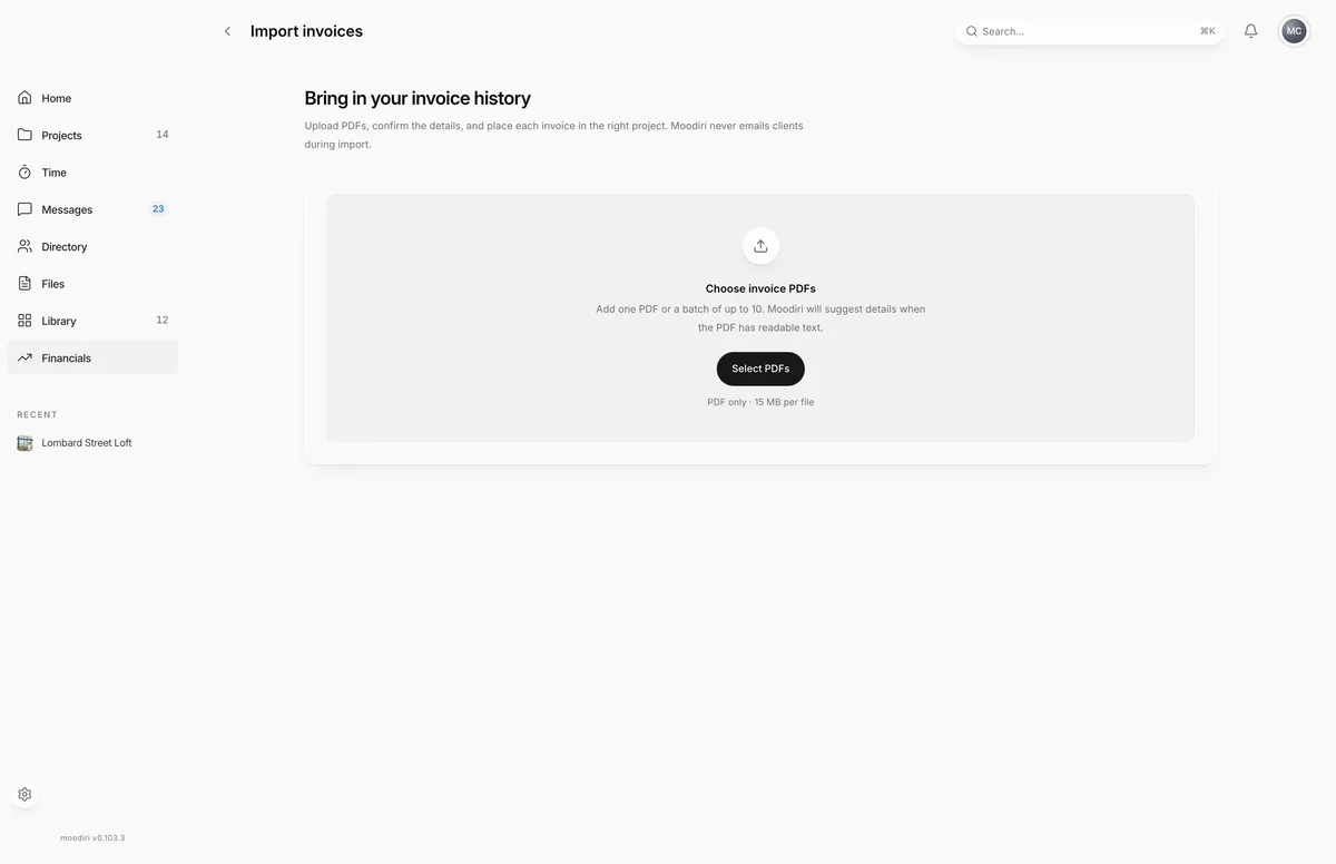 Import invoices page titled Bring in your invoice history, with an upload area to choose invoice PDFs, a batch of up to 10, and a Select PDFs button.