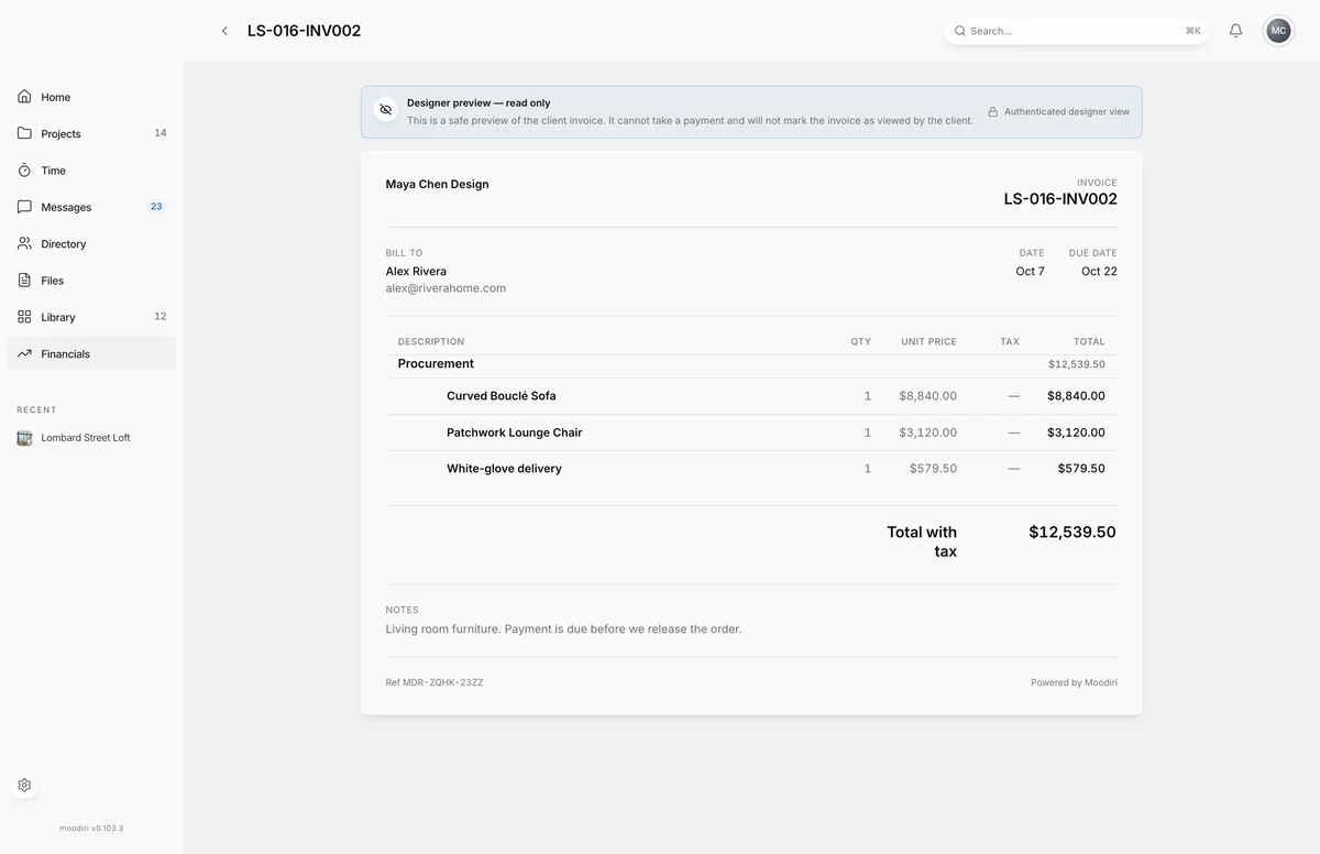Read-only designer preview of invoice as the client sees it, billed to Alex Rivera with a curved boucle sofa, lounge chair and delivery totaling $12,539.50.