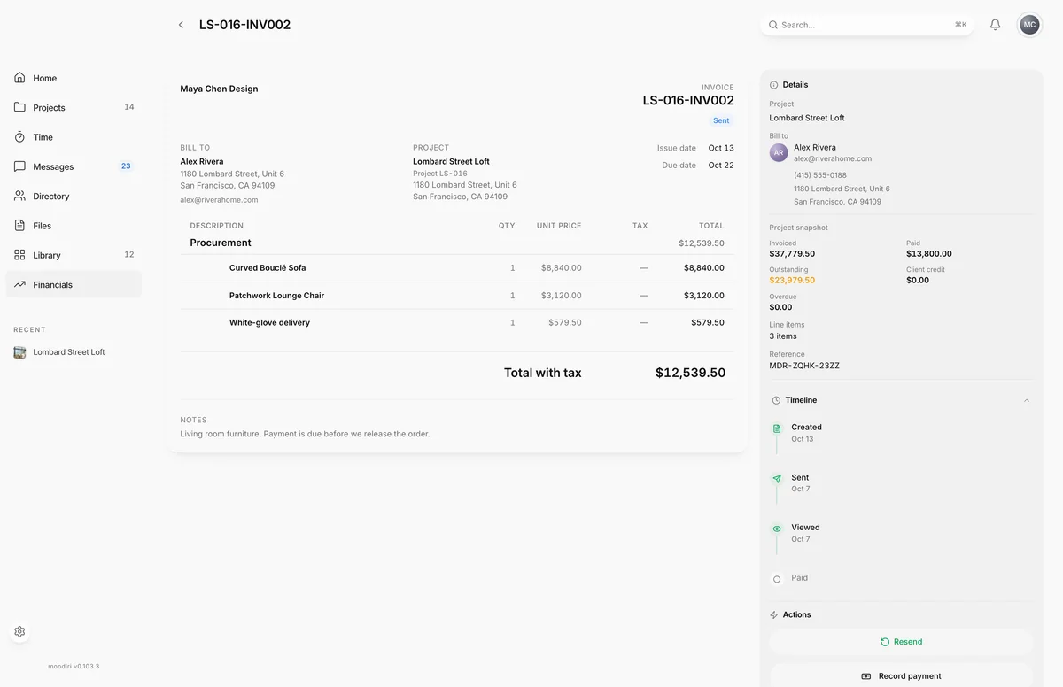 Invoice for Lombard Street Loft, marked Sent, with three procurement items totaling $12,539.50 and a side panel showing the project snapshot and the Created, Sent and Viewed timeline.