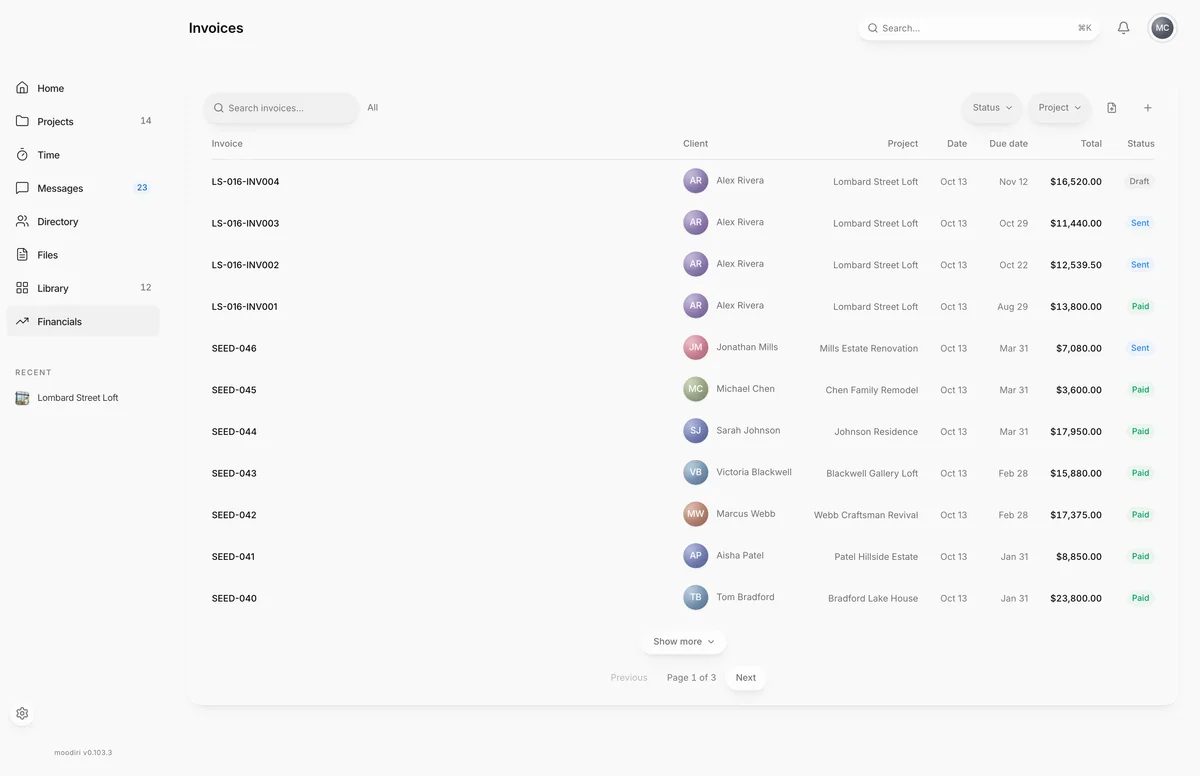 Invoices list with a search box, Status and Project filters, and rows showing client, project, dates, total and status, such as Lombard Street Loft invoices marked Draft, Sent and Paid.