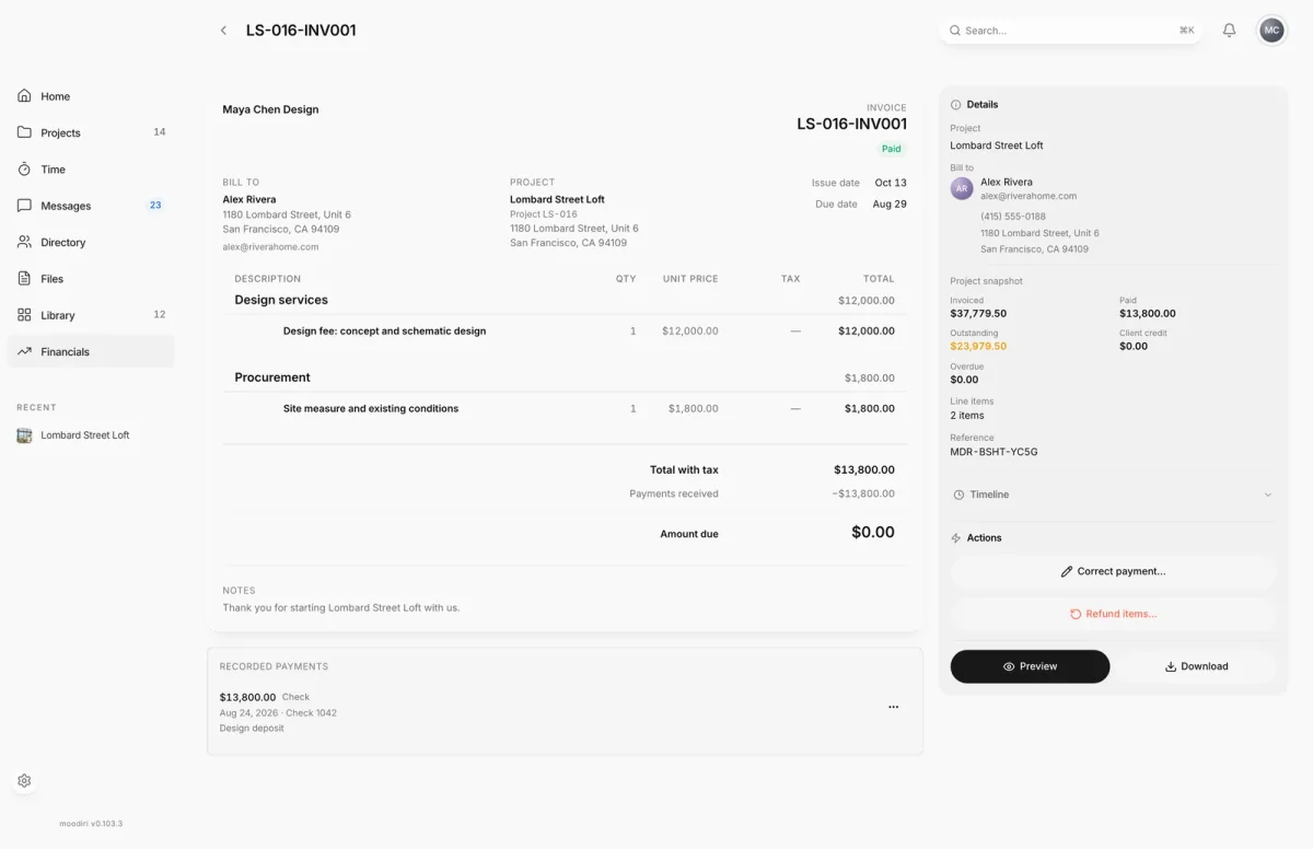 Paid invoice LS-016-INV001 billed to Alex Rivera for a design fee and a site measure, total $13,800.00 with $0.00 due, and Refund items… under Actions.