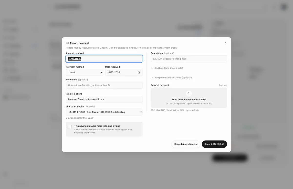 Record payment dialog with the amount, check payment method, linked invoice and an option to split across invoices, plus Record & send receipt.