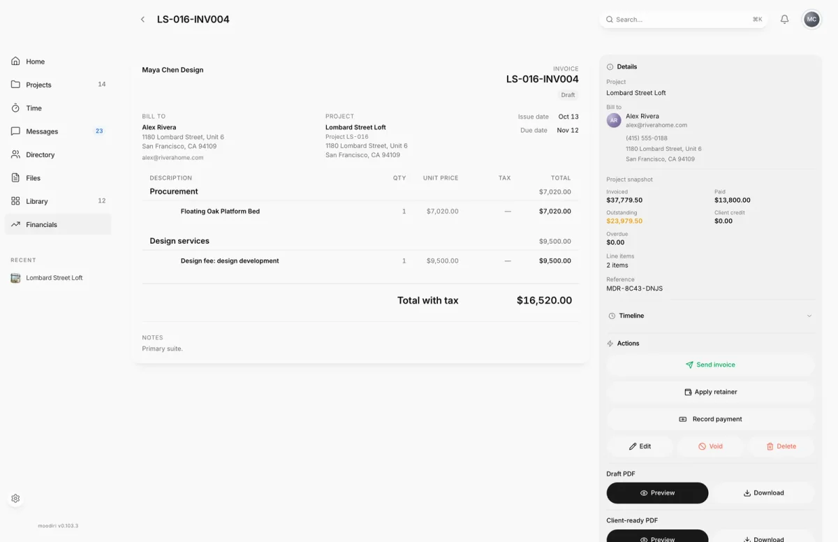 Draft invoice LS-016-INV004 for Alex Rivera totalling $16,520.00, with Send invoice at the top of Actions.