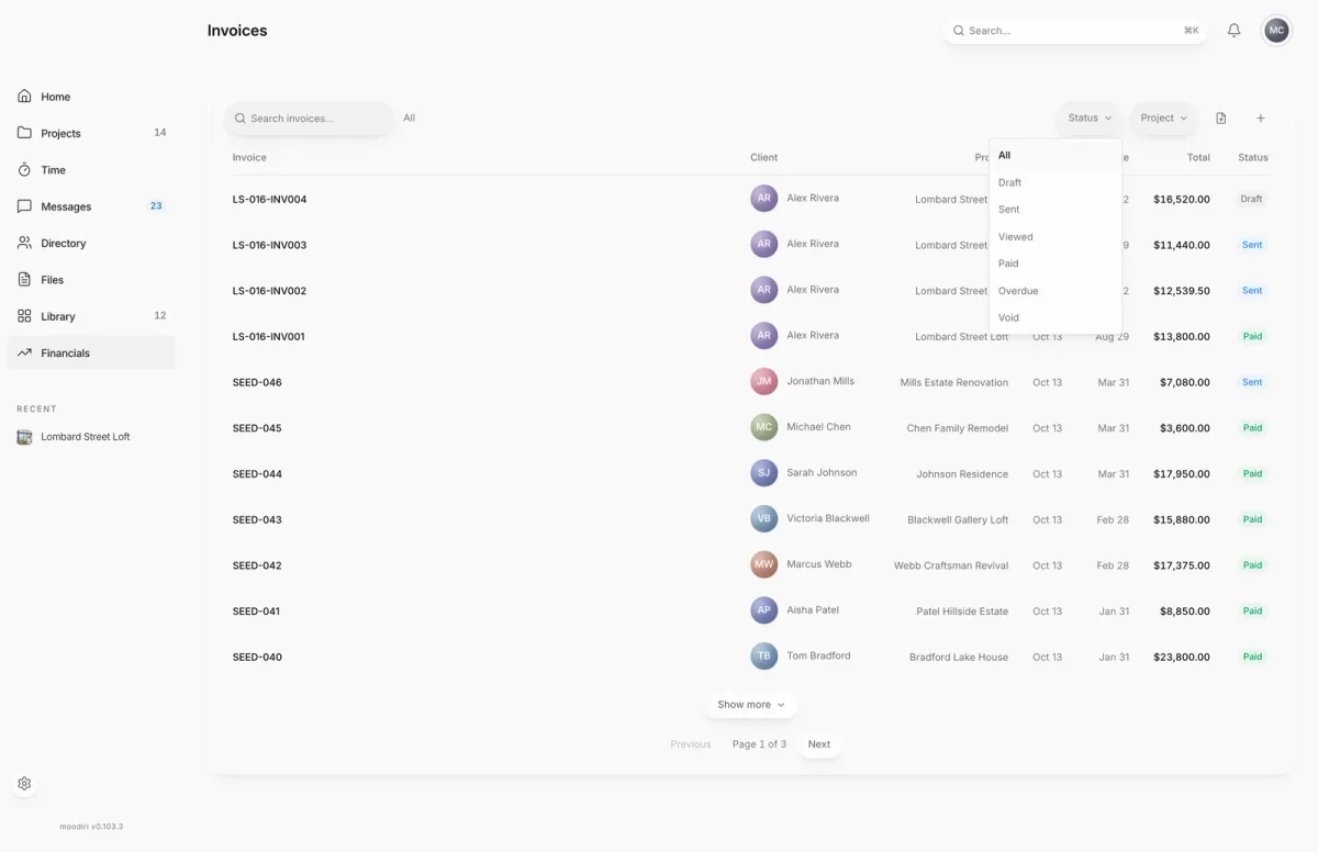 Invoices list with the Status filter open on All, Draft, Sent, Viewed, Paid, Overdue and Void, above invoices with clients, projects, totals and statuses.