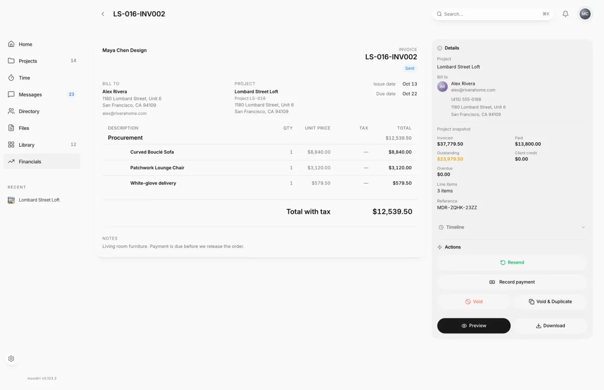 Sent invoice LS-016-INV002 for Alex Rivera totalling $12,539.50, with Void and Void & Duplicate under Actions.